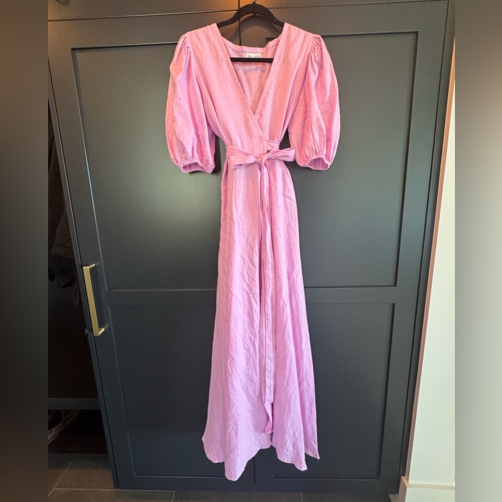 Pink Puff-Sleeve Wrap Maxi Dress